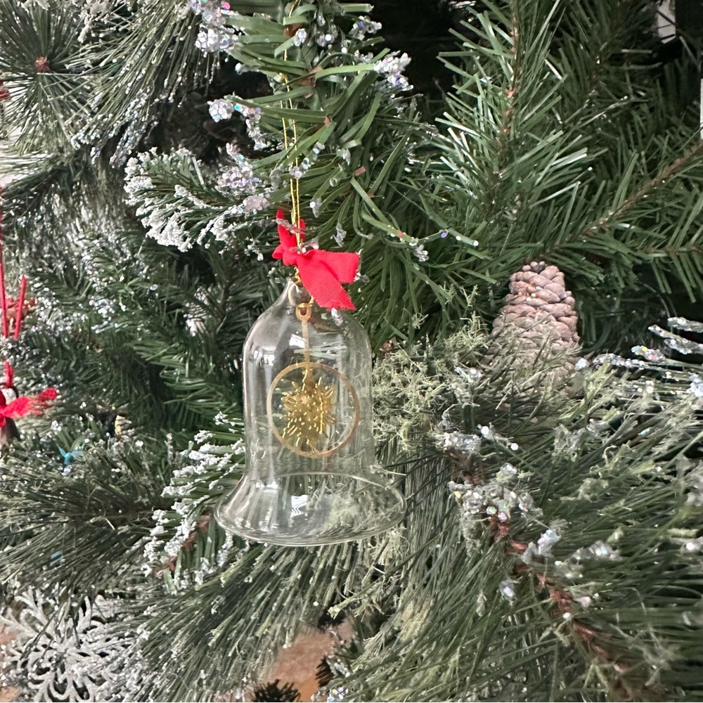 Vintage Glass Bell With Gold Snowflake Inside Christmas Ornament Red Bow Tree